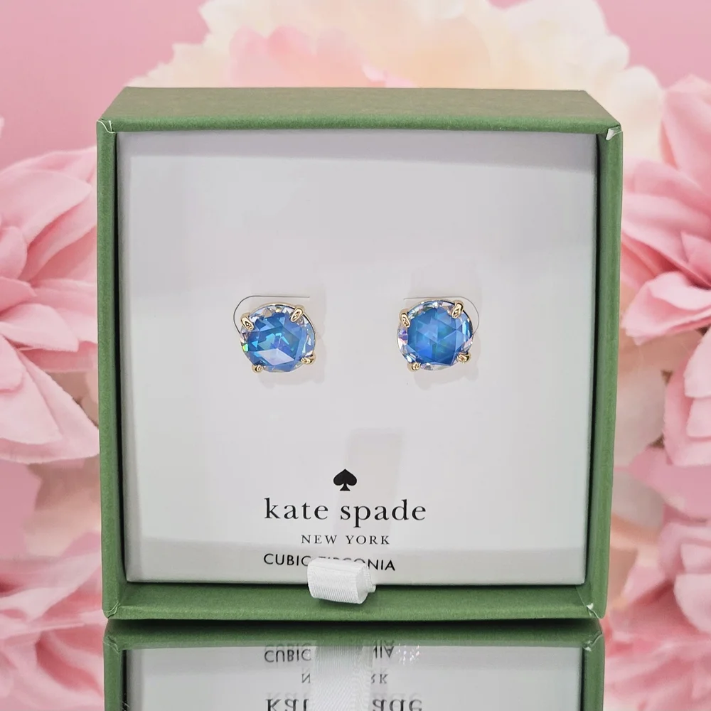 Kate Spade Round Stud Earrings Sapphire Colored Gold Tone CZ Gift Box Colorful